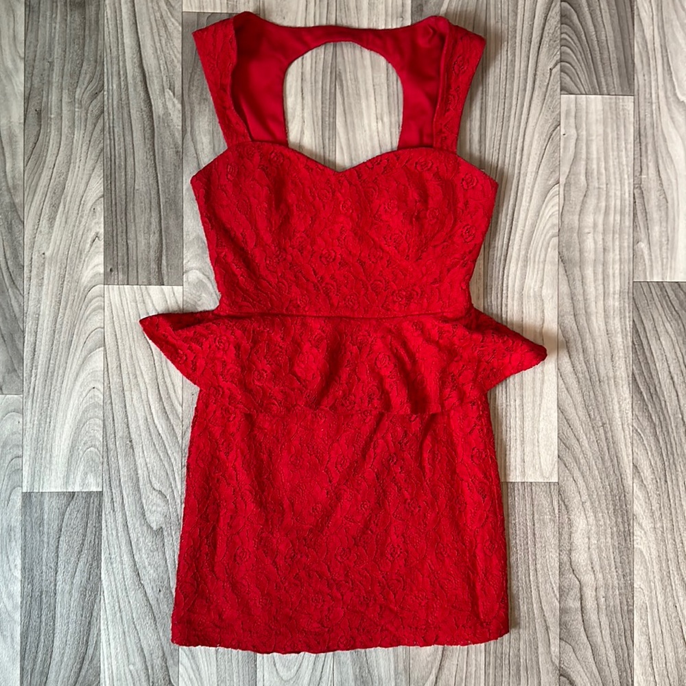 Windsor Red Lace Peplum Open-Back Dress